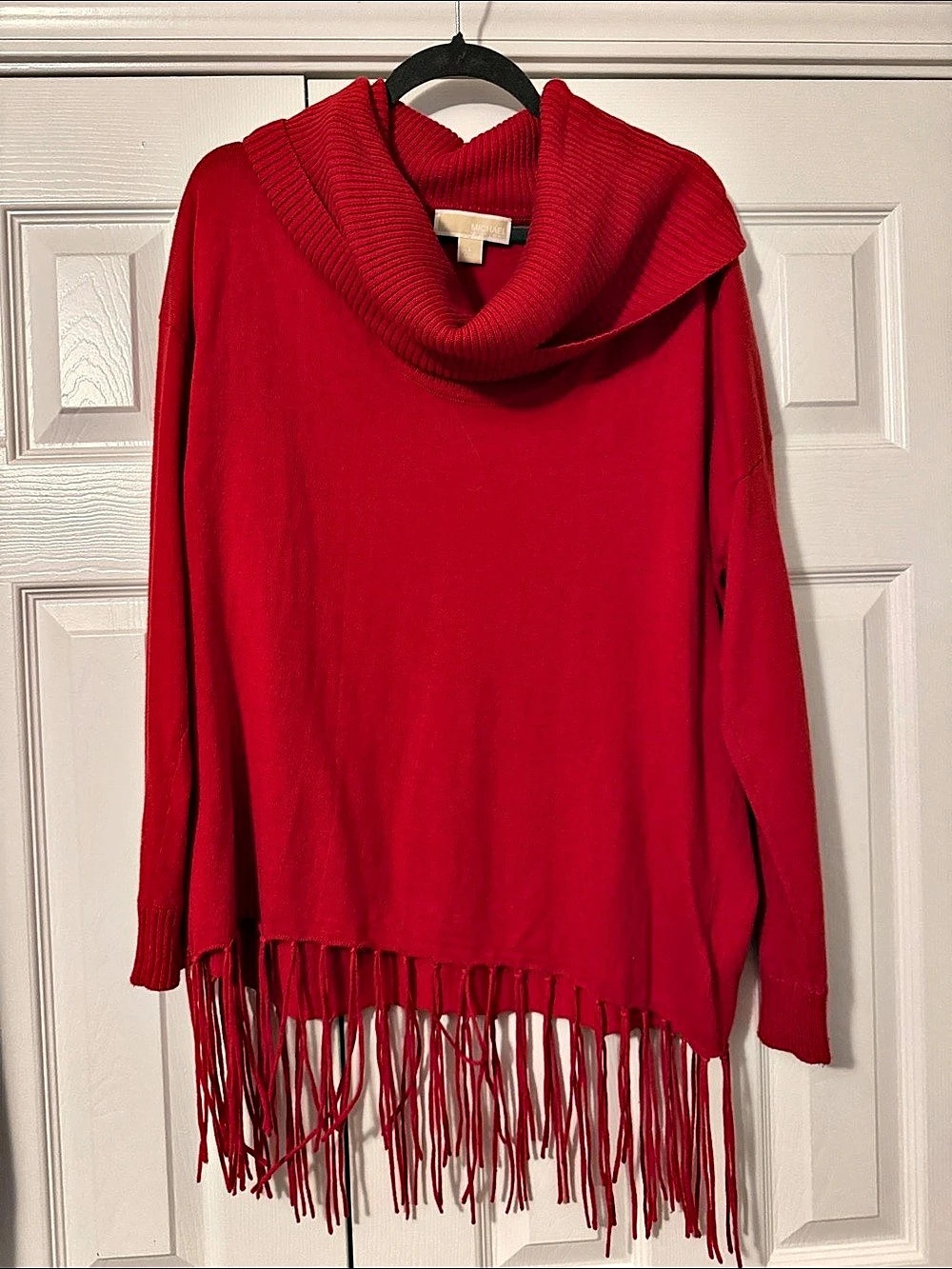 Michael Kors Cowl Neck Fringe Hem Sweater Red Large